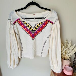 Free People Boho Embroidered Long Sleeve Hand Me Down Top